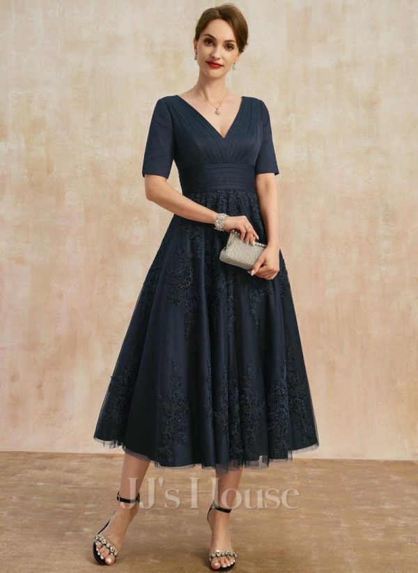 Mother of the Bride Dresses | A-line V-Neck Tea-Length Tulle Lace Mother of the Bride Dress With Pleated Dark Navy – Womens