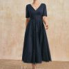 Mother of the Bride Dresses | A-line V-Neck Tea-Length Tulle Lace Mother of the Bride Dress With Pleated Dark Navy – Womens