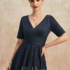 Mother of the Bride Dresses | A-line V-Neck Tea-Length Tulle Lace Mother of the Bride Dress With Pleated Dark Navy – Womens