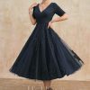 Mother of the Bride Dresses | A-line V-Neck Tea-Length Tulle Lace Mother of the Bride Dress With Pleated Dark Navy – Womens