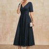 Mother of the Bride Dresses | A-line V-Neck Tea-Length Tulle Lace Mother of the Bride Dress With Pleated Dark Navy – Womens