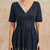 Mother of the Bride Dresses | A-line V-Neck Tea-Length Tulle Lace Mother of the Bride Dress With Pleated Dark Navy – Womens