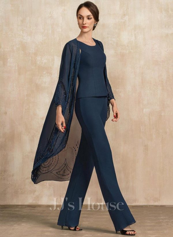 Mother of the Bride Dresses | Jumpsuit/Pantsuit Separates Scoop Floor-Length Chiffon Mother of the Bride Dress Dark Navy – Womens