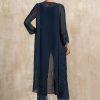 Mother of the Bride Dresses | Jumpsuit/Pantsuit Separates Scoop Floor-Length Chiffon Mother of the Bride Dress Dark Navy – Womens