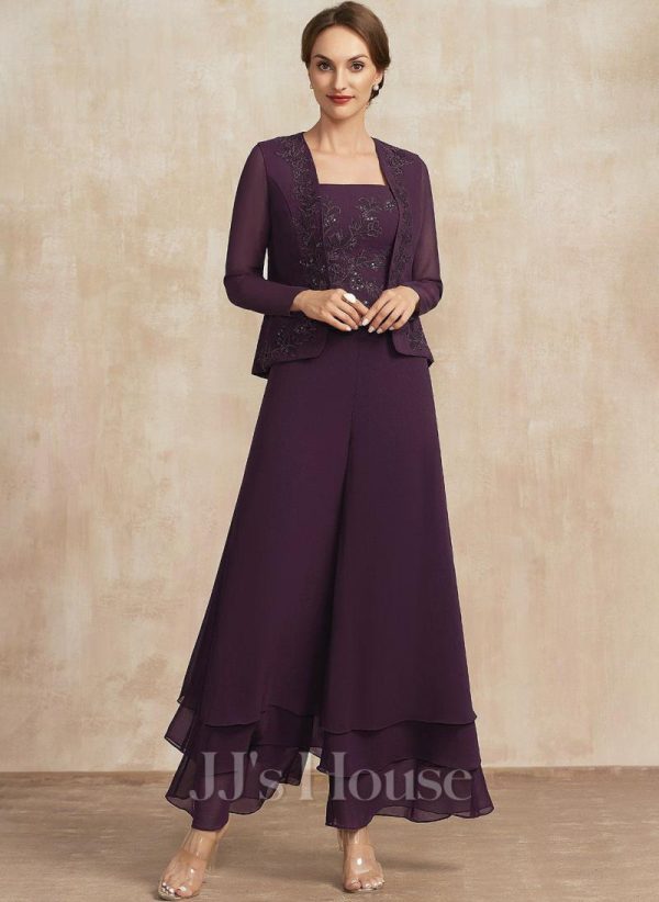 Mother of the Bride Dresses | Jumpsuit/Pantsuit Separates Square Ankle-Length Chiffon Lace Mother of the Bride Dress With Sequins As Picture – Womens