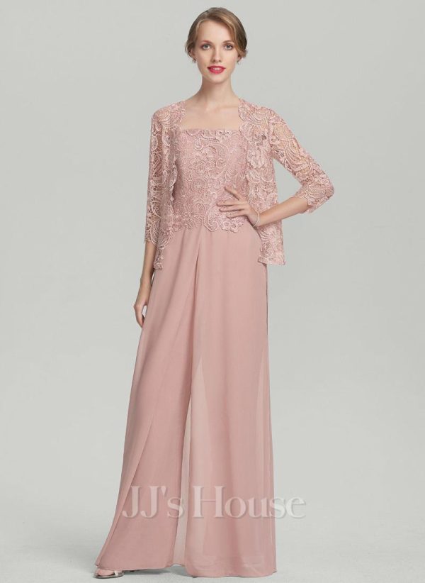 Mother of the Bride Dresses | Jumpsuit/Pantsuit Square Floor-Length Lace Chiffon Mother of the Bride Dress Dusty Rose – Womens