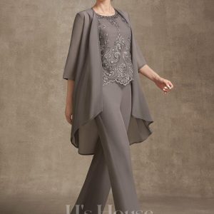 Mother of the Bride Dresses | Separates Jumpsuit/Pantsuit Scoop Floor-Length Chiffon Lace Mother of the Bride Dress With Sequins Beading As Picture – Womens