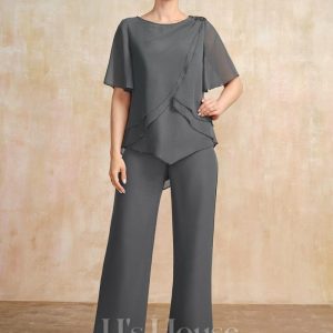 Mother of the Bride Dresses | Separates Jumpsuit/Pantsuit Scoop Floor-Length Chiffon Mother of the Bride Dress With Beading Steel Grey – Womens