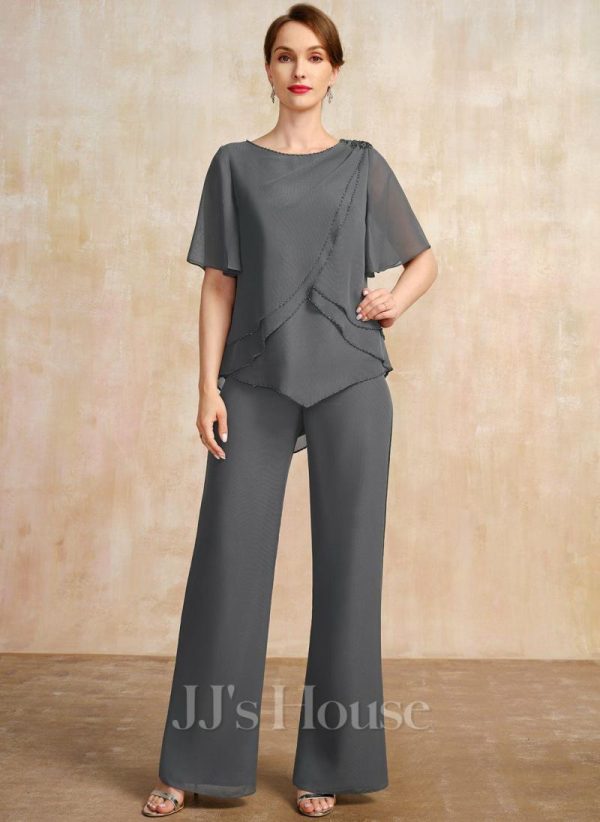 Mother of the Bride Dresses | Separates Jumpsuit/Pantsuit Scoop Floor-Length Chiffon Mother of the Bride Dress With Beading Steel Grey – Womens