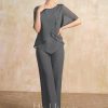 Mother of the Bride Dresses | Separates Jumpsuit/Pantsuit Scoop Floor-Length Chiffon Mother of the Bride Dress With Beading Steel Grey – Womens