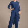 Mother of the Bride Dresses | Separates Jumpsuit/Pantsuit Scoop Floor-Length Chiffon Mother of the Bride Dress With Sequins Beading Navy Blue – Womens