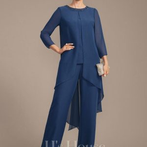 Mother of the Bride Dresses | Separates Jumpsuit/Pantsuit Scoop Floor-Length Chiffon Mother of the Bride Dress With Sequins Beading Navy Blue – Womens