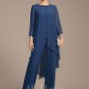 Mother of the Bride Dresses | Separates Jumpsuit/Pantsuit Scoop Floor-Length Chiffon Mother of the Bride Dress With Sequins Beading Navy Blue – Womens