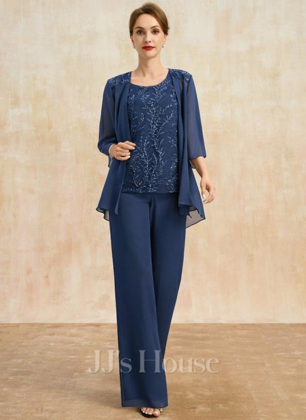 Mother of the Bride Dresses | Separates Jumpsuit/Pantsuit Scoop Floor-Length Lace Chiffon Mother of the Bride Dress With Sequins Navy Blue – Womens