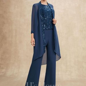 Mother of the Bride Dresses | Separates Jumpsuit/Pantsuit Scoop Floor-Length Lace Chiffon Mother of the Bride Dress With Sequins Navy Blue – Womens