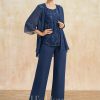 Mother of the Bride Dresses | Separates Jumpsuit/Pantsuit Scoop Floor-Length Lace Chiffon Mother of the Bride Dress With Sequins Navy Blue – Womens