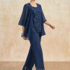 Mother of the Bride Dresses | Separates Jumpsuit/Pantsuit Scoop Floor-Length Lace Chiffon Mother of the Bride Dress With Sequins Navy Blue – Womens