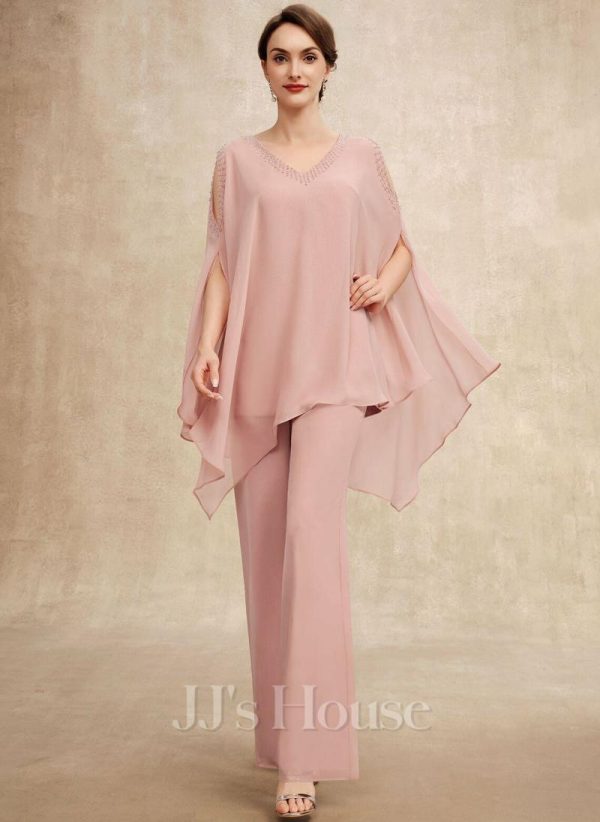 Mother of the Bride Dresses | Separates Jumpsuit/Pantsuit V-Neck Floor-Length Chiffon Mother of the Bride Dress With Beading Dusty Rose – Womens