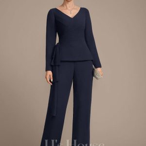 Mother of the Bride Dresses | Separates Jumpsuit/Pantsuit V-Neck Floor-Length Chiffon Mother of the Bride Dress With Pleated As Picture – Womens