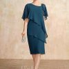 Mother of the Bride Dresses | Sheath/Column Asymmetrical Knee-Length Chiffon Mother of the Bride Dress With Sequins Beading Ink Blue – Womens