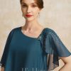 Mother of the Bride Dresses | Sheath/Column Asymmetrical Knee-Length Chiffon Mother of the Bride Dress With Sequins Beading Ink Blue – Womens