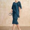 Mother of the Bride Dresses | Sheath/Column Asymmetrical Knee-Length Chiffon Mother of the Bride Dress With Sequins Beading Ink Blue – Womens