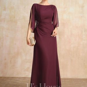 Mother of the Bride Dresses | Sheath/Column Scoop Floor-Length Chiffon Mother of the Bride Dress With Pleated Beading Cabernet – Womens