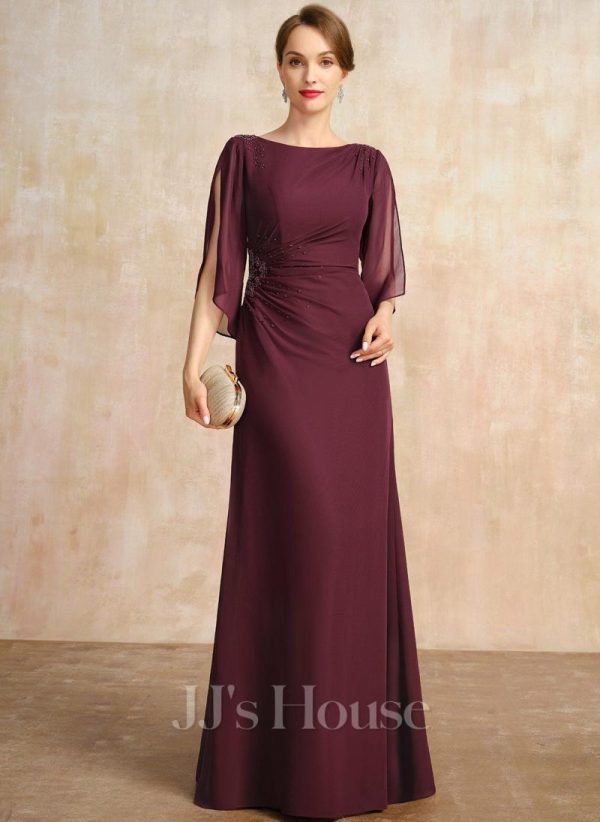 Mother of the Bride Dresses | Sheath/Column Scoop Floor-Length Chiffon Mother of the Bride Dress With Pleated Beading Cabernet – Womens