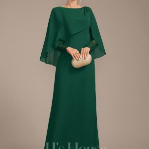 Mother of the Bride Dresses | Sheath/Column Scoop Floor-Length Lace Chiffon Mother of the Bride Dress With Pleated Dark Green – Womens