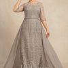 Mother of the Bride Dresses | Sheath/Column Scoop Illusion Floor-Length Detachable Lace Chiffon Mother of the Bride Dress Taupe – Womens