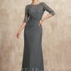 Mother of the Bride Dresses | Sheath/Column Scoop Illusion Floor-Length Lace Chiffon Mother of the Bride Dress With Pleated Steel Grey – Womens