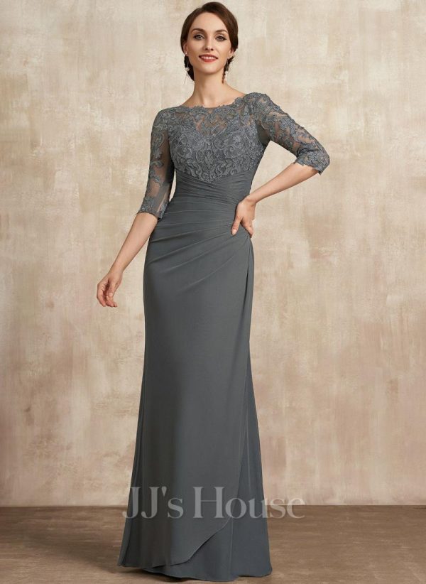 Mother of the Bride Dresses | Sheath/Column Scoop Illusion Floor-Length Lace Chiffon Mother of the Bride Dress With Pleated Steel Grey – Womens