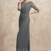 Mother of the Bride Dresses | Sheath/Column Scoop Illusion Floor-Length Lace Chiffon Mother of the Bride Dress With Pleated Steel Grey – Womens