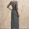 Mother of the Bride Dresses | Sheath/Column Scoop Illusion Floor-Length Lace Chiffon Mother of the Bride Dress With Pleated Steel Grey – Womens