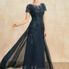 Mother of the Bride Dresses | Sheath/Column Scoop Illusion Floor-Length Lace Chiffon Mother of the Bride Dress With Sequins Dark Navy – Womens