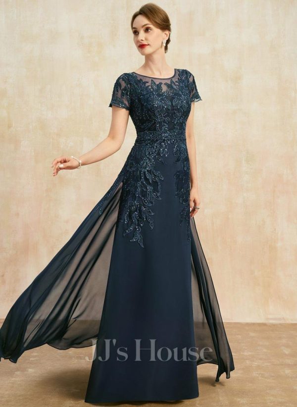 Mother of the Bride Dresses | Sheath/Column Scoop Illusion Floor-Length Lace Chiffon Mother of the Bride Dress With Sequins Dark Navy – Womens