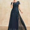 Mother of the Bride Dresses | Sheath/Column Scoop Illusion Floor-Length Lace Chiffon Mother of the Bride Dress With Sequins Dark Navy – Womens