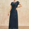 Mother of the Bride Dresses | Sheath/Column Scoop Illusion Floor-Length Lace Chiffon Mother of the Bride Dress With Sequins Dark Navy – Womens