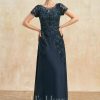 Mother of the Bride Dresses | Sheath/Column Scoop Illusion Floor-Length Lace Chiffon Mother of the Bride Dress With Sequins Dark Navy – Womens