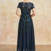 Mother of the Bride Dresses | Sheath/Column Scoop Illusion Floor-Length Lace Chiffon Mother of the Bride Dress With Sequins Dark Navy – Womens