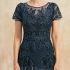 Mother of the Bride Dresses | Sheath/Column Scoop Illusion Floor-Length Lace Chiffon Mother of the Bride Dress With Sequins Dark Navy – Womens