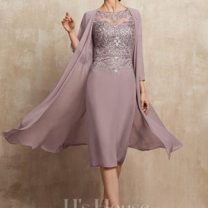 Mother of the Bride Dresses | Sheath/Column Scoop Illusion Knee-Length Chiffon Lace Mother of the Bride Dress With Sequins Beading Dusk – Womens