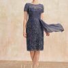 Mother of the Bride Dresses | Sheath/Column Scoop Illusion Knee-Length Lace Chiffon Mother of the Bride Dress With Cascading Ruffles Sequins Stormy – Womens