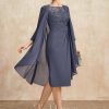 Mother of the Bride Dresses | Sheath/Column Scoop Illusion Knee-Length Lace Chiffon Mother of the Bride Dress With Pleated Sequins Stormy – Womens