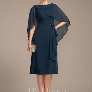 Mother of the Bride Dresses | Sheath/Column Scoop Knee-Length Chiffon Mother of the Bride Dress With Cascading Ruffles Beading Dark Navy – Womens