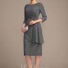 Mother of the Bride Dresses | Sheath/Column Scoop Knee-Length Chiffon Mother of the Bride Dress With Cascading Ruffles Beading Steel Grey – Womens