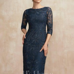 Mother of the Bride Dresses | Sheath/Column Scoop Knee-Length Lace Mother of the Bride Dress Dark Navy – Womens