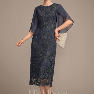 Mother of the Bride Dresses | Sheath/Column Scoop Tea-Length Lace Chiffon Mother of the Bride Dress As Picture – Womens