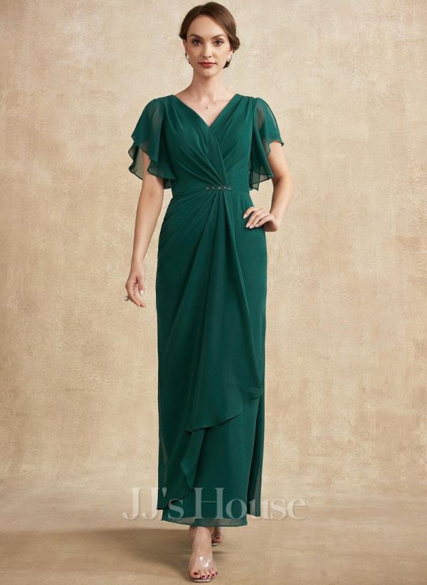 Mother of the Bride Dresses | Sheath/Column V-Neck Ankle-Length Chiffon Mother of the Bride Dress With Pleated Sequins Beading Dark Green – Womens