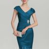 Mother of the Bride Dresses | Sheath/Column V-Neck Knee-Length Satin Mother of the Bride Dress With Crystal Brooch Pleated Ink Blue – Womens